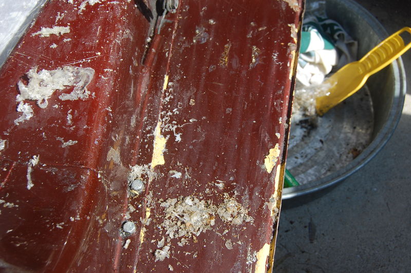 Top layer of adhesive scraped off with plastic scraper ...
