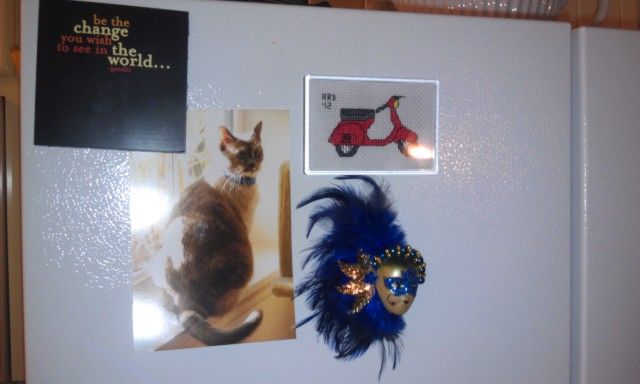 Embroidery in a place of prominence on the fridge.