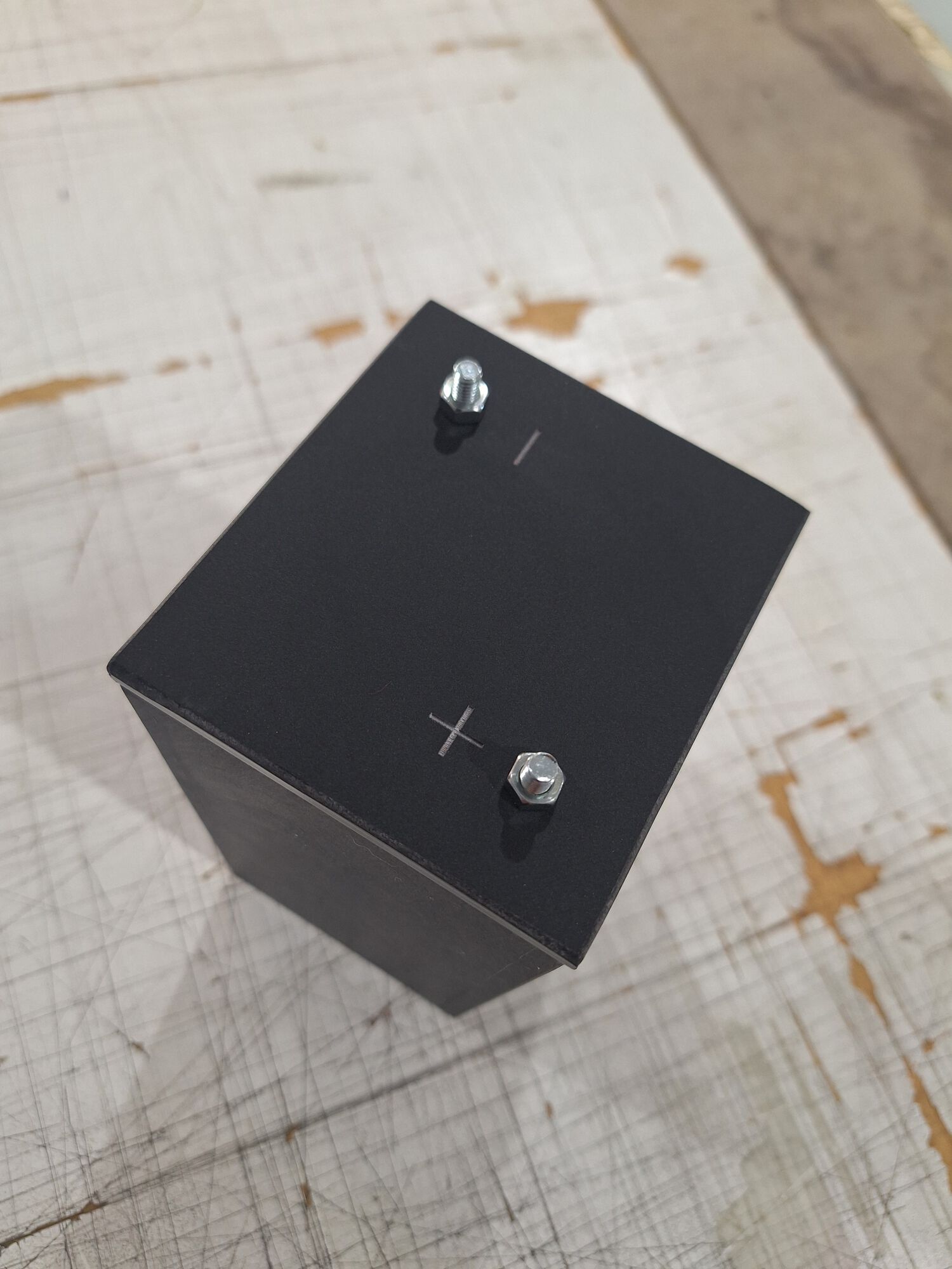Engraved positive/negative terminals.