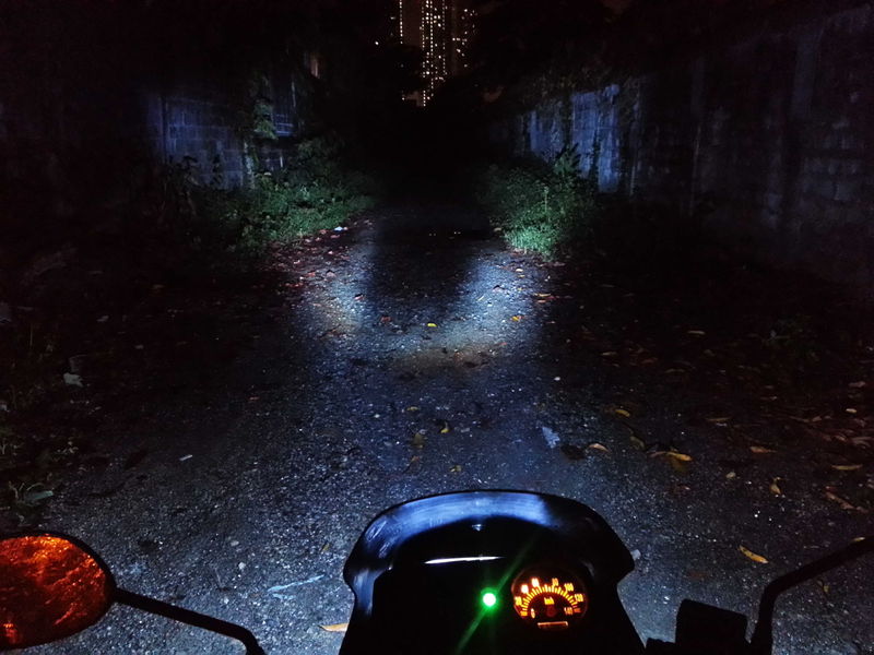 As a reference, this is a small displacement Kawasaki 175cc with HID. The lens was designed for and H4 bulb, that why the light dispersal is shoddy.
