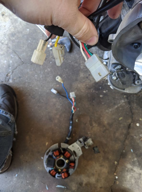 stock LML stator wiring on the ground.  Stock LML wiring harness. green/red/white to same.  Green being the kill switch. blue to yellow, black to black.