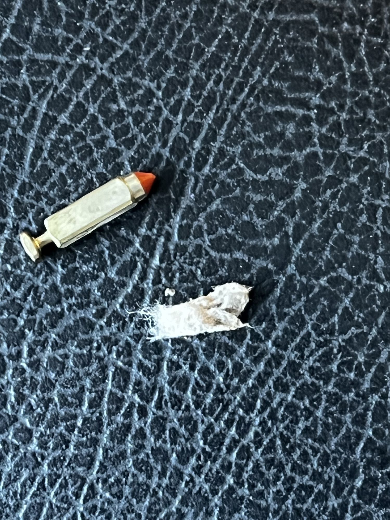 Lump of cotton (?) clogging banjo. Needle valve for size reference.