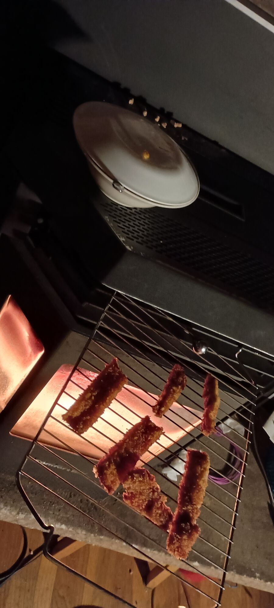Now warming dinner on pellet stove. Chicken katsu, MMMMMM!