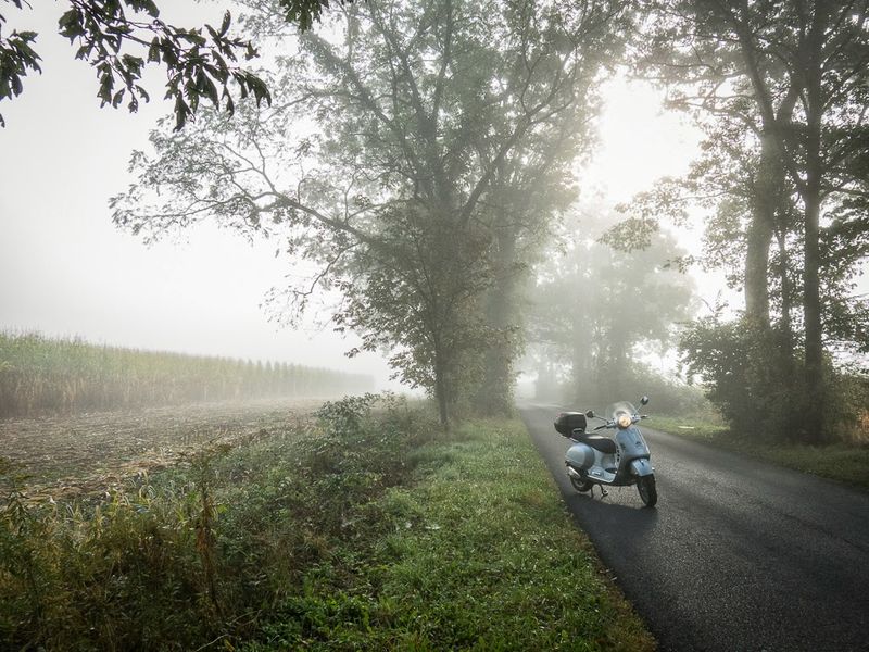 Vespa GTS250ie on a foggy morning near Linden Hall, Pennsylvania