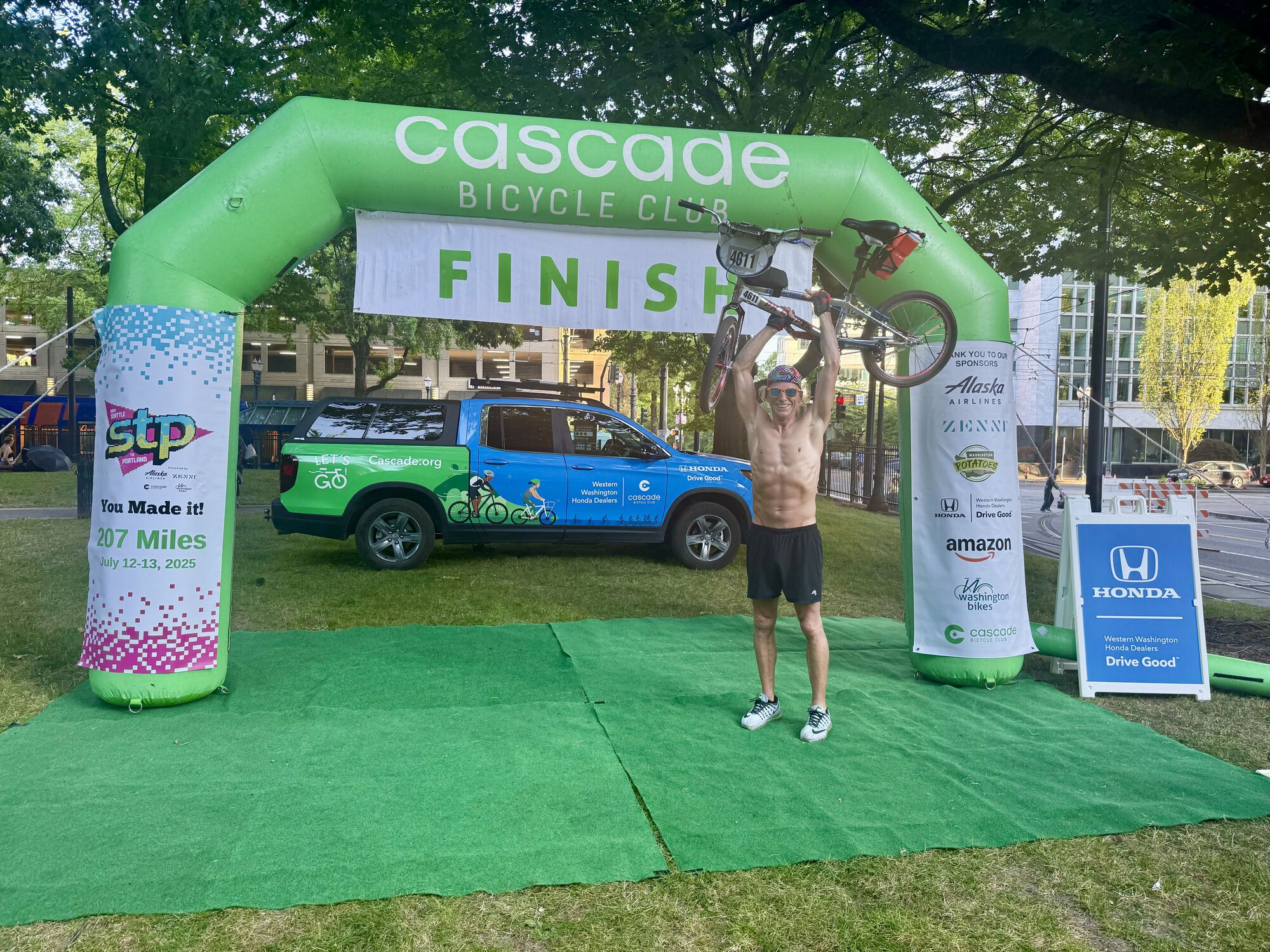 At the finish line. I threw my shirt away at the halfway point, so i didn't have anything else to wear